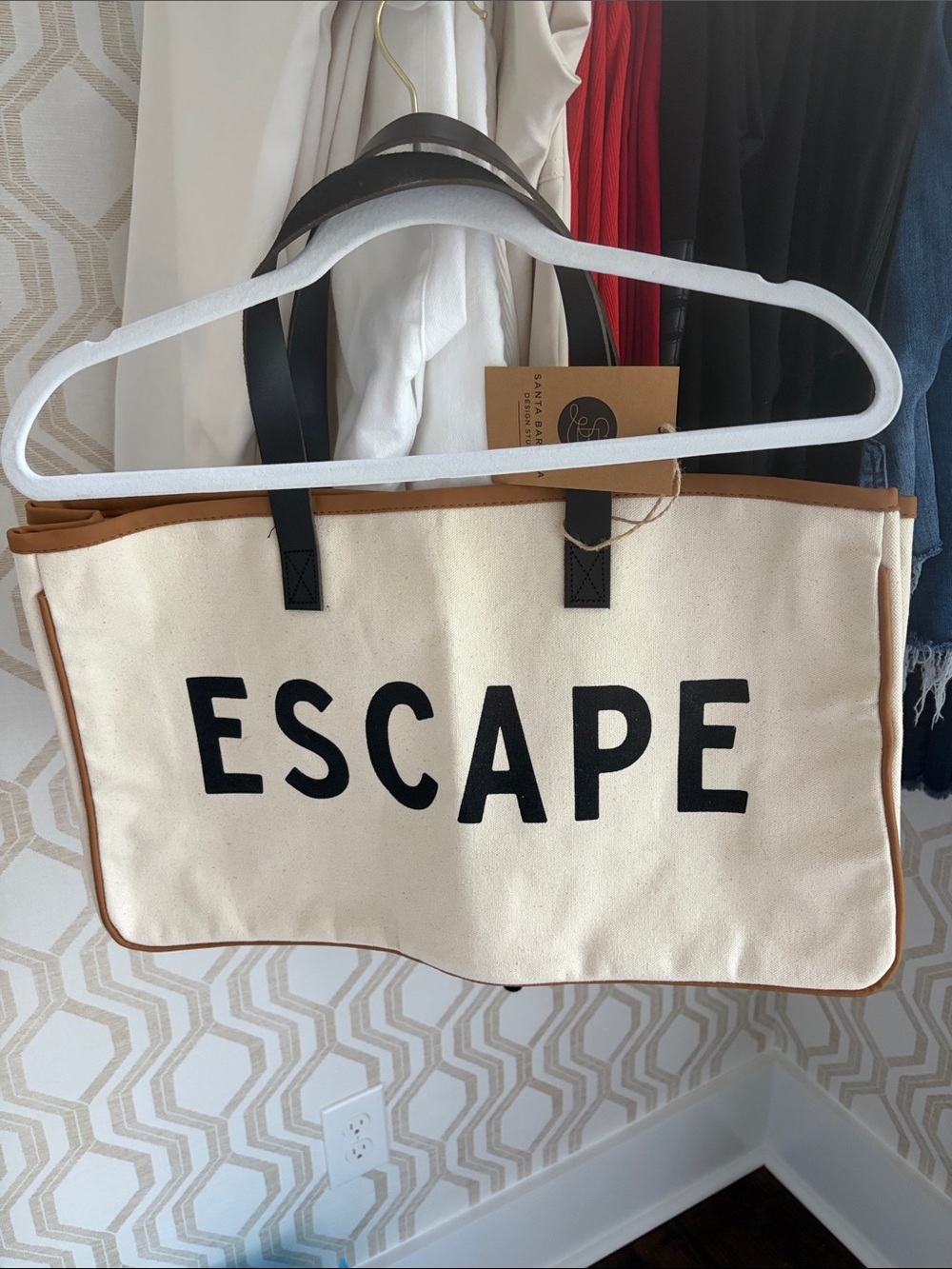 Canvas 'ESCAPE' Tote Bag with Contrast Trim - Cream/Black